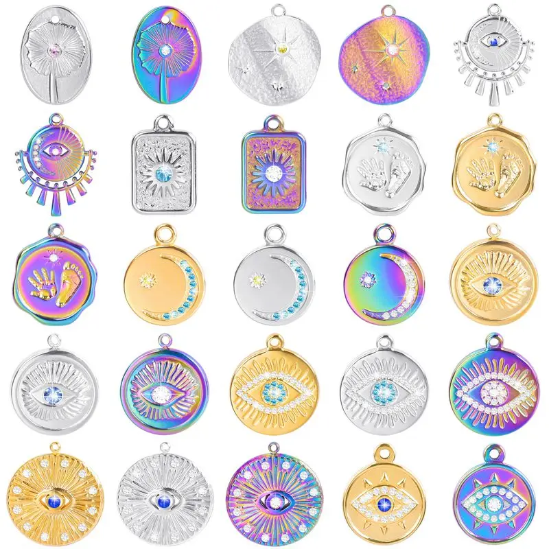 

5pcs Stainless Steel Rhinestone Evil Eye Charm Cute Footprint Round Pendant diy Jewelry Making Necklace Earrings Trendy Craft