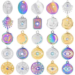 5pcs Stainless Steel Rhinestone Evil Eye Charm Cute Footprint Round Pendant diy Jewelry Making Necklace Earrings Trendy Craft
