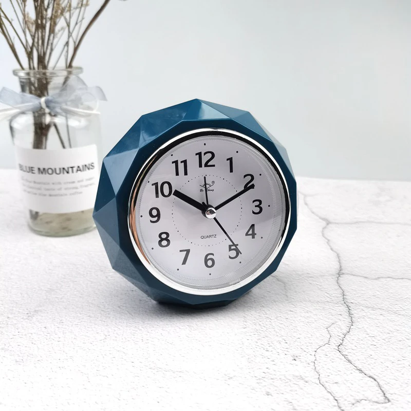 Round Alarm Clock Diamond-Shape Electronic Watch Small Mute Bedside Pointer Clocks Double Bell Silent Desk Table Decor Clock