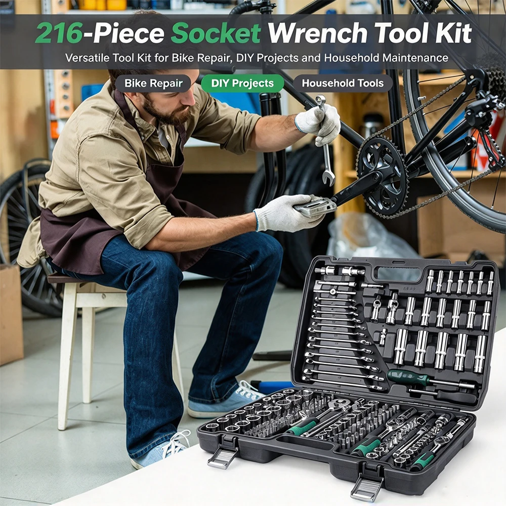 Image of 216-PC-Schraubenschlüssel-Werkzeugkasten, umfassendes Werkzeugset, professioneller Werkzeugkasten für die Autoreparatur mit tragbarem Koffer und 24-Zahn-Präzisions-Ratsche für Auto, Motorrad,