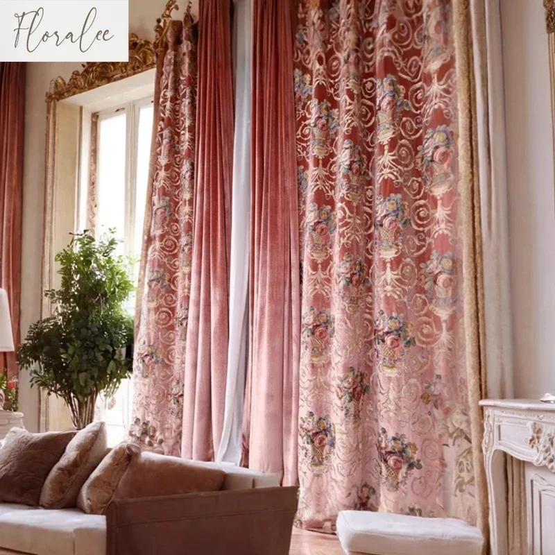 

American French Luxury Curtains for Villa Bedroom Velvet Embroidery Rococo Red High-end Thickened European Palace Style Custom