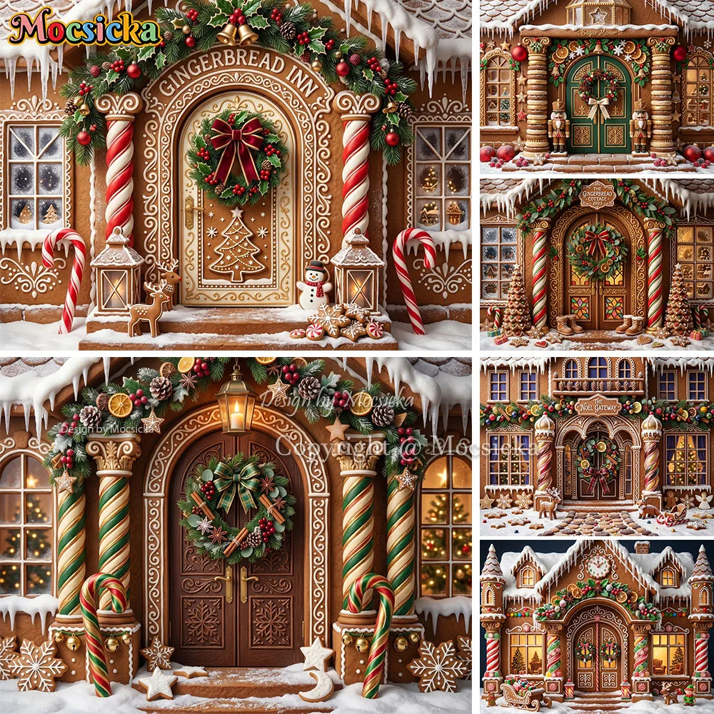 Mocsicka Christmas Gingerbread House Backdrop Photography Festive Candy Cane Cookie House Background for Kid Holiday Party Photo