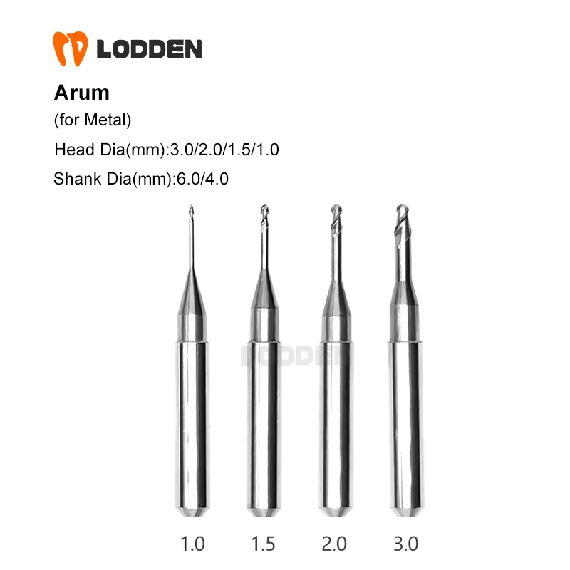 Arum for Metal Dental Material Ball End Milling Burs D6/D4 Dental Lab Grinding Drills L50 L45 * 3.0/2.5/2.0/1.5/1.0 Tools