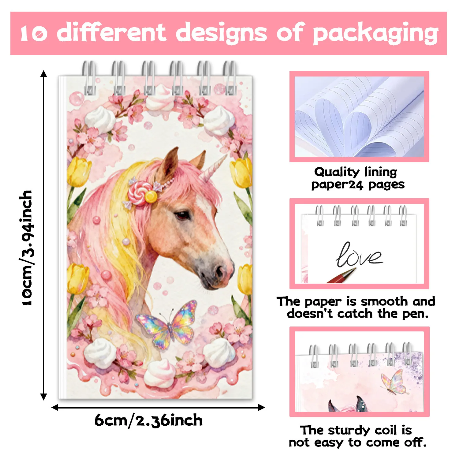 10Pcs Pink Horse Portable Coil Notebook Western Cowgirl Theme Mini Notepad for Kids Girl Birthday Party Favors School Rewards