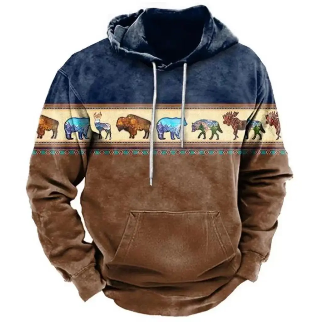 

Man‘S Vintage Sweatshirt Winter Autumn Casual Hoodies Long Sleeve 3D Tribal Print Hooded Classic Velvet Warmth Mens Clothing