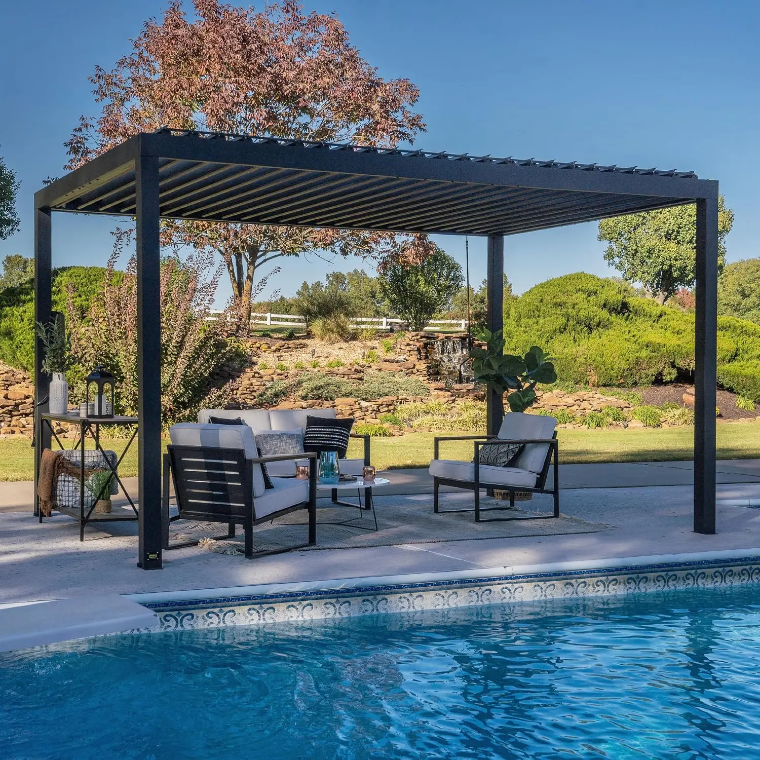 Sarasota 14' x 10' Galvanized Steel Louvered Pergola Kit with Adjustable Roof, Shade, Rain Protection, High-Wind Rating, Gutter