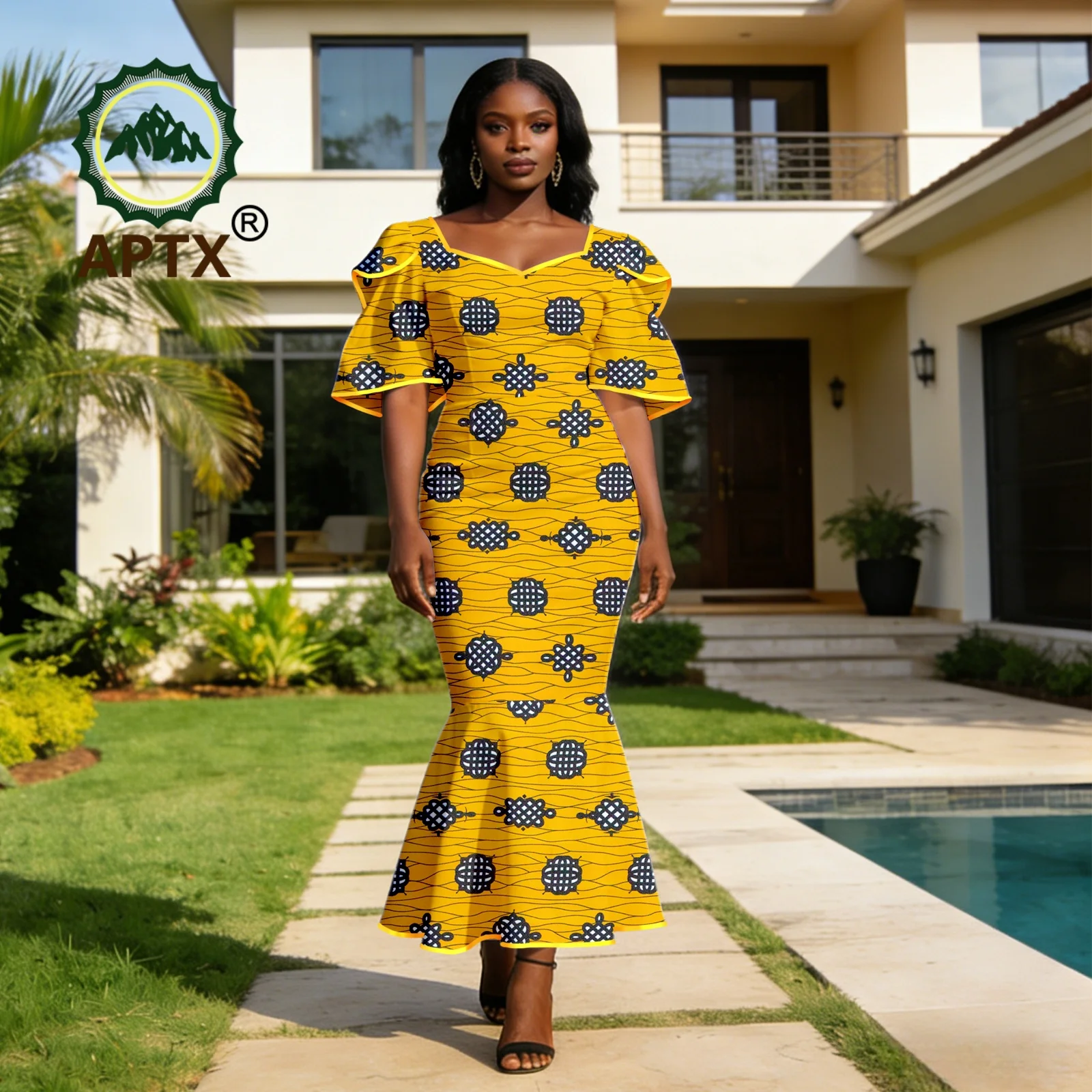 

African Women's Dashiki V-Neck Short Sleeve Printed High-waisted Ankle-Length Elegant fashion Casual Wedding Party Dress