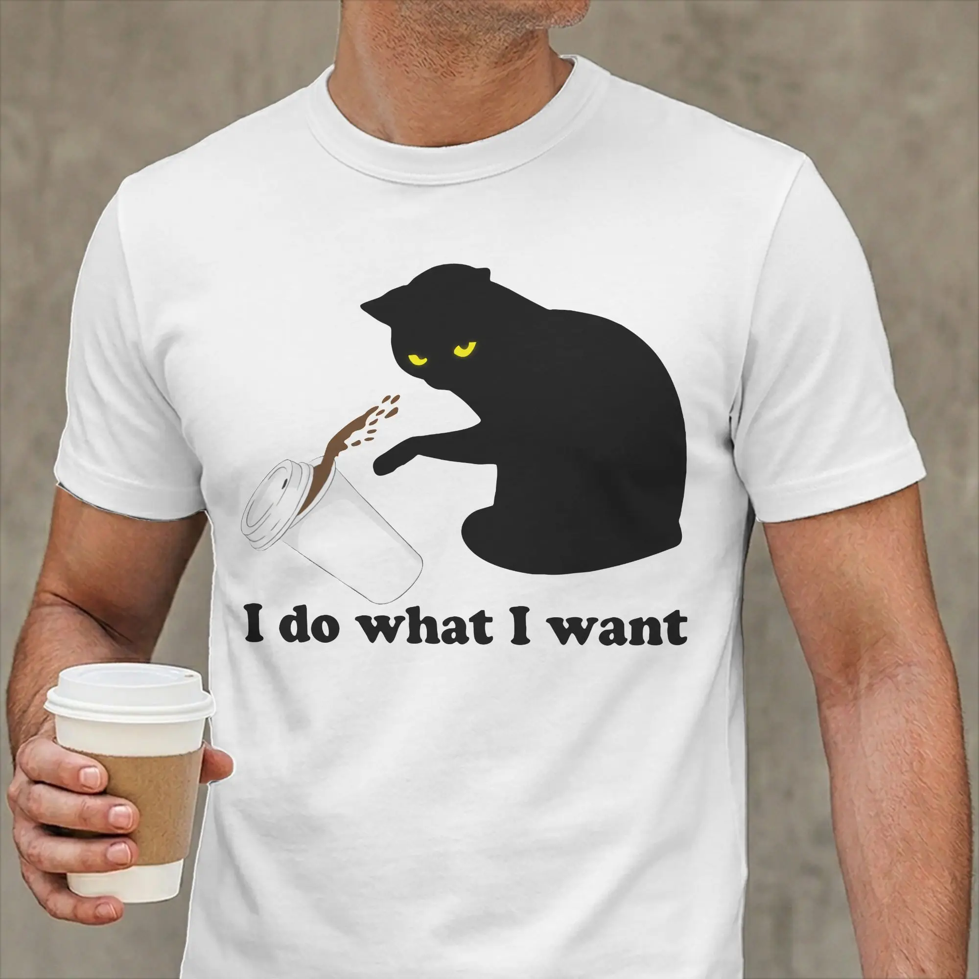 Men T-Shirt Do What I Want Black Cat Coffee Cup Cotton Tee Shirt Short Sleeve Pet Kitten Love Meow Cute Funny T Shirt