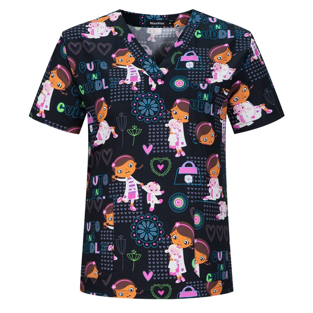 Ropa de mano con estampado de dibujos animados para mujer, uniformes de enfermera, camiseta de manga corta con cuello en V, Tops de bañera, ropa quirúrgica, ropa de trabajo