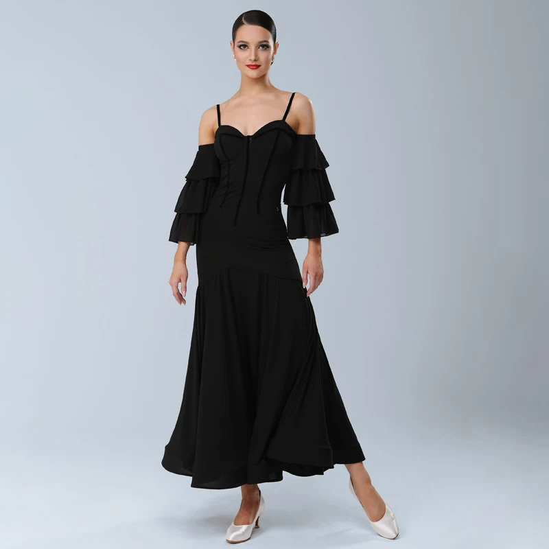 Female Modern Dancing Clothes Women\'S Waltz Ballroom Dance Professional Costume Adults Cake Sleeves Latin Dance Dress SL11012