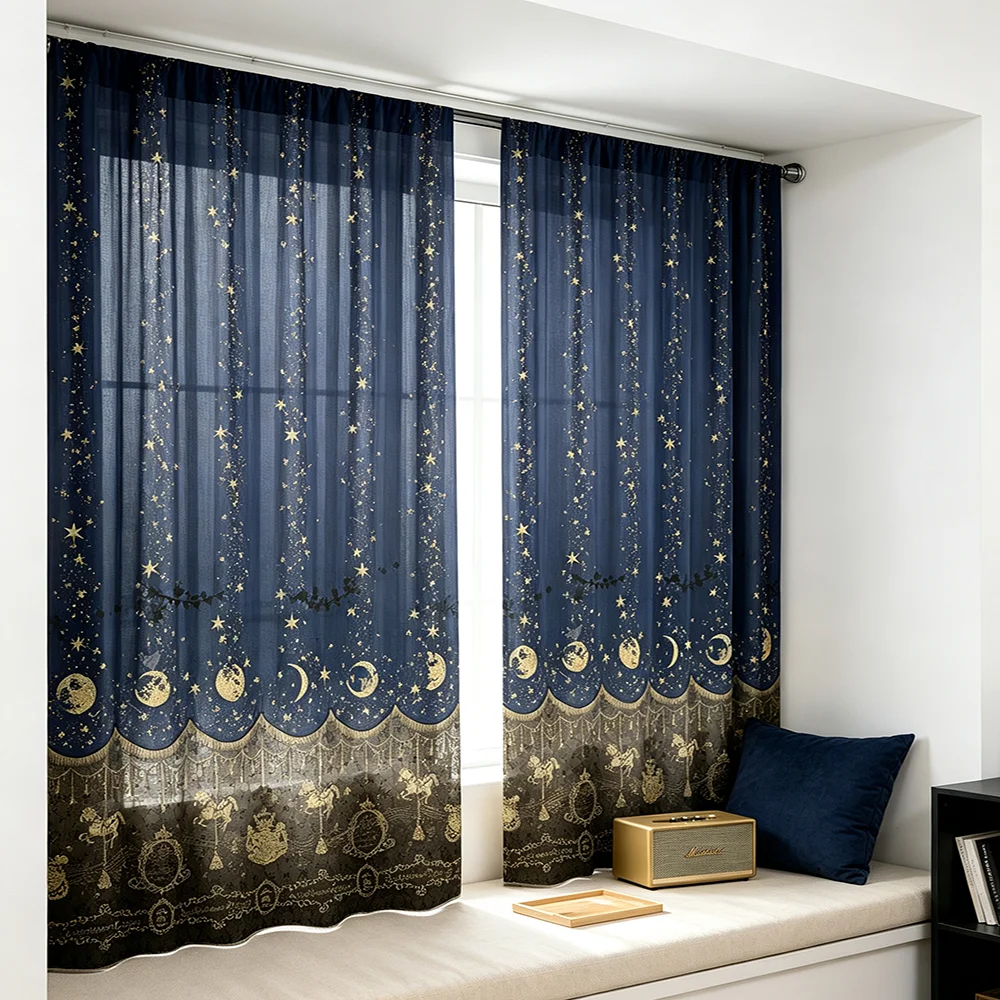 2PCS Digital Print Sheer Curtains Dark Blue Moon Star Lace Pattern A&B Sheer Fabric Living Room Window Curtains - view 6