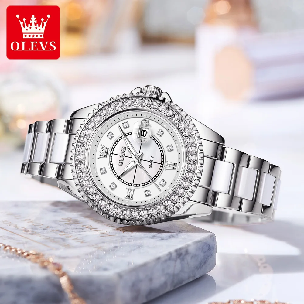 OLEVS 3685 Original Quartz Movement Watch Smart Steel Ceramic Bracelet Luminous Function 30m Waterproof Calendar Window Watch