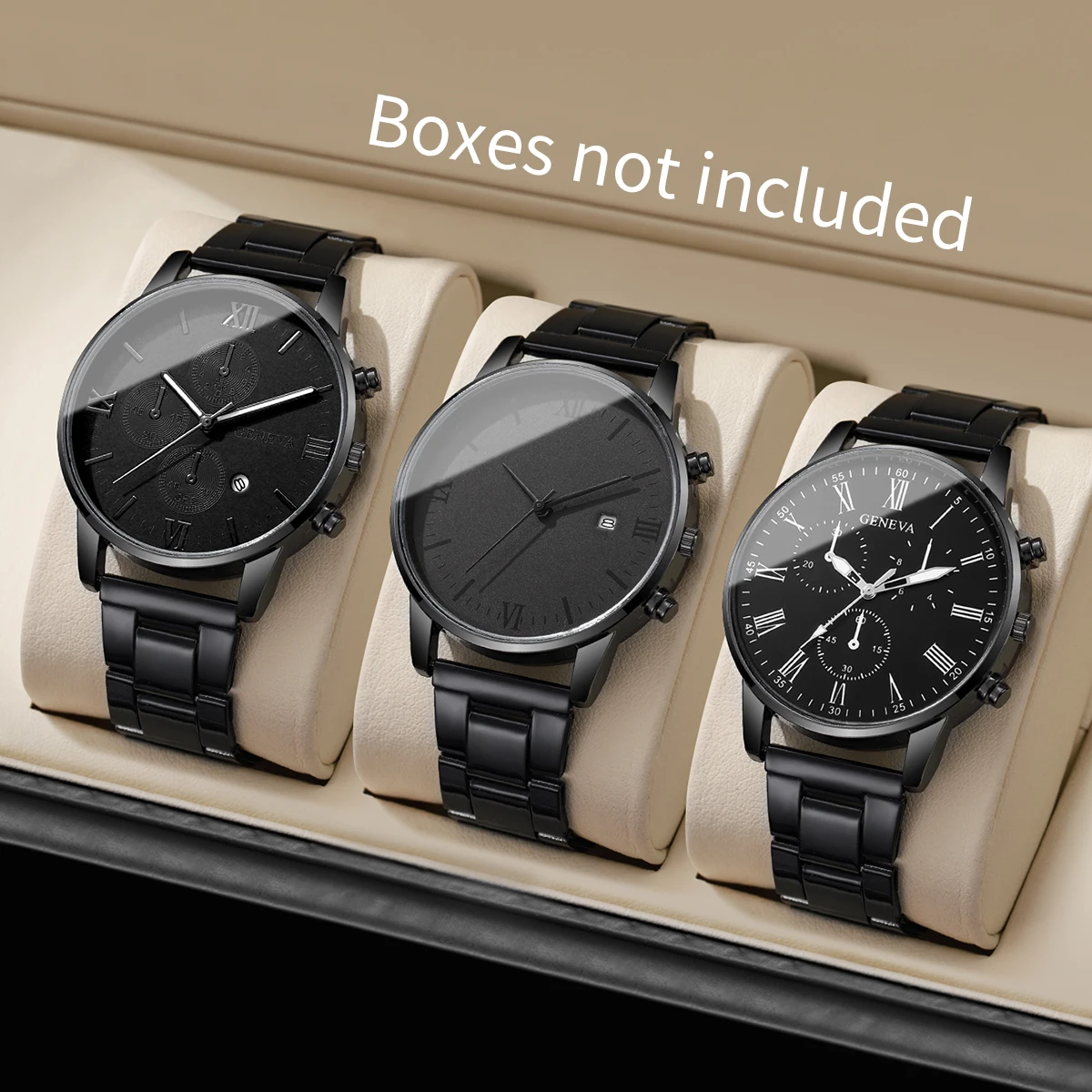 3/4PCS Men Business Watches Fashion Black Steel Band Male\'s Calendar Quartz Watch Relogio Masculino Jewelry Set（Without Box）