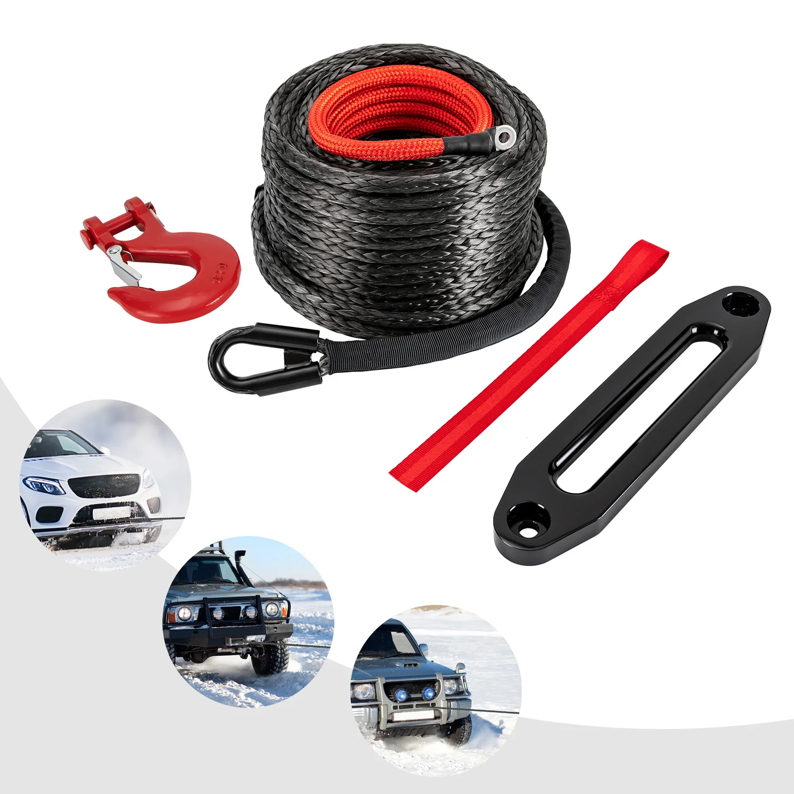 

1/2" X 92' Synthetic Winch Rope with Hook, Protective Sleeve, 23809 LBS Breaking Strength, Black, Car Tow Recovery Cable for UTV