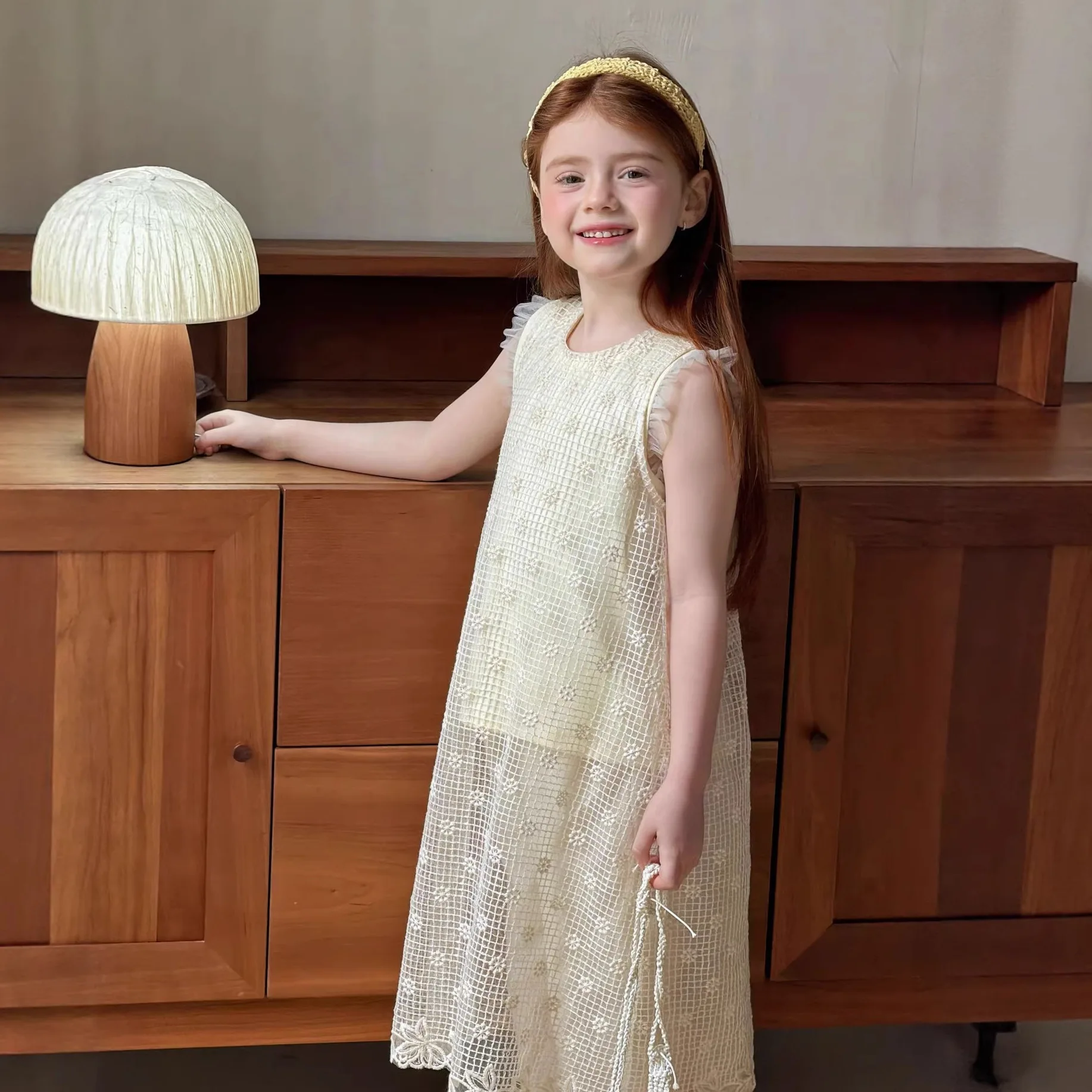 Girls Summer French Hook Flower Hollowed Out Lace Sleeveless Vest Dress Versatile Layer Dress 2026 New
