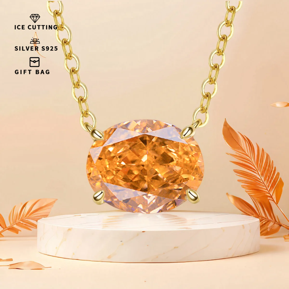 

S925 silver plated platinum and golden High carbon ice cutting Morgan orange oval Zircon women's pendant necklace fine jewelry