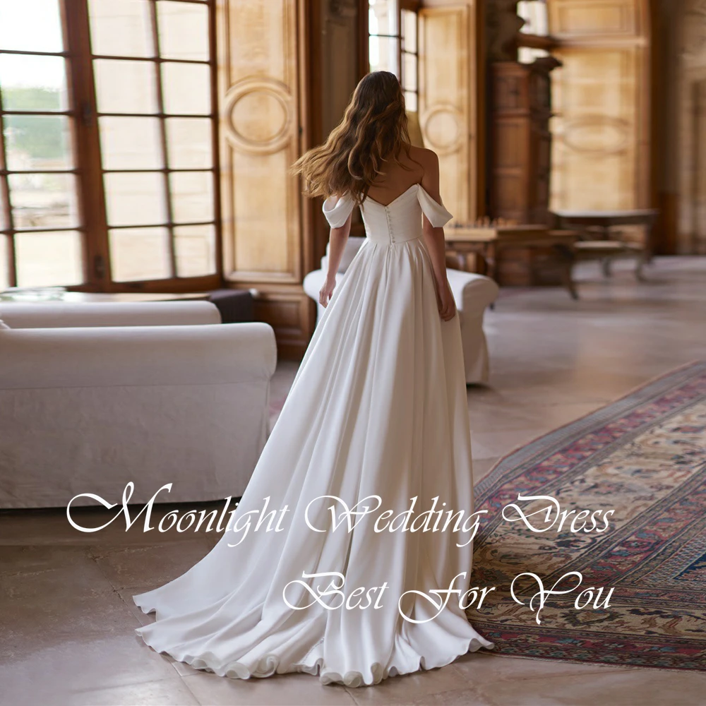 Customized Classic Satin A-Line Wedding Dress Women Off The Shoulder Pleat V-Neck Slit Open Back Bride Gown  Vestidos De Novia