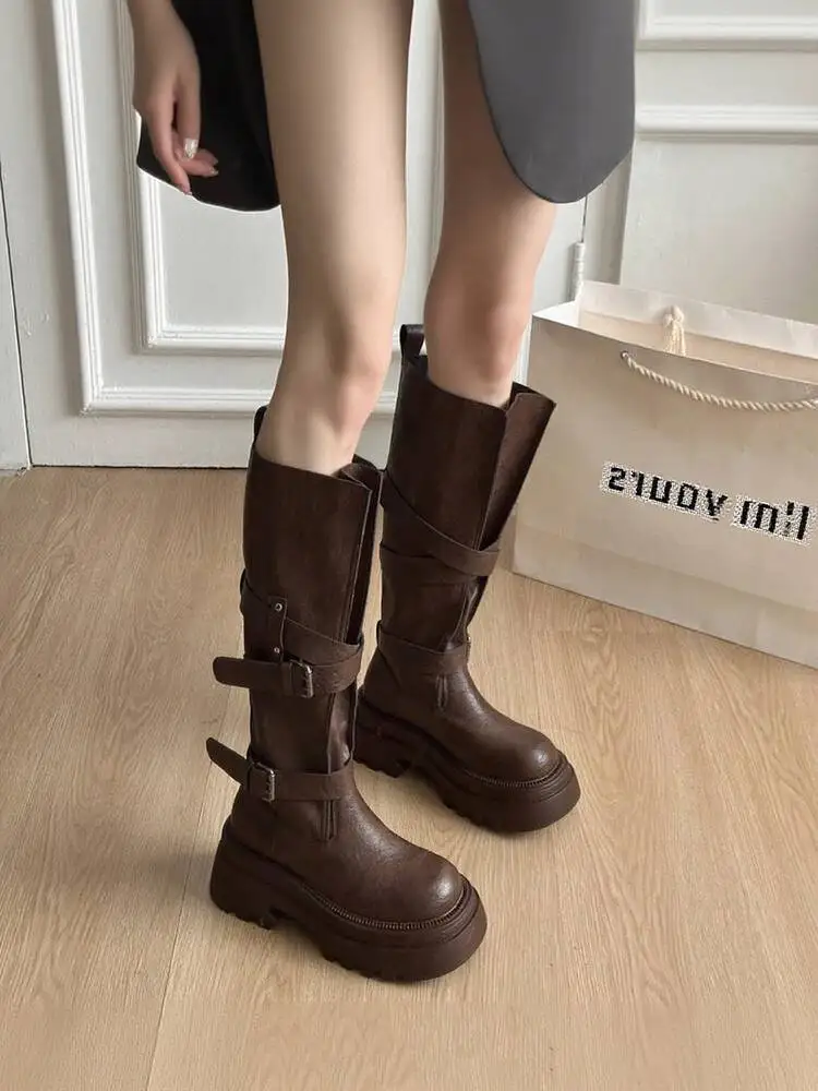 Women Boots 2025 Autumn Winter New Maillard Women's Knee High Knight Boots Short Stature Friendly Belt Buckle Slim Women Boots