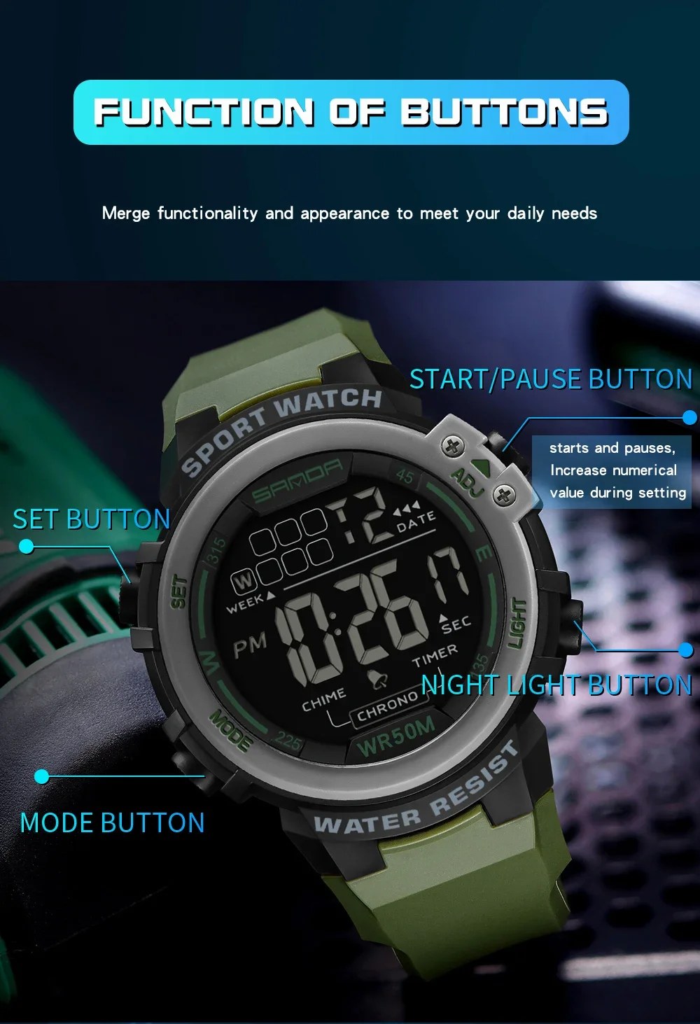 SANDA Outdoor Military G Stil herren Uhr Digital Wecker Mode Sport Dual Display armbanduhr 50M Wasserdicht reloj