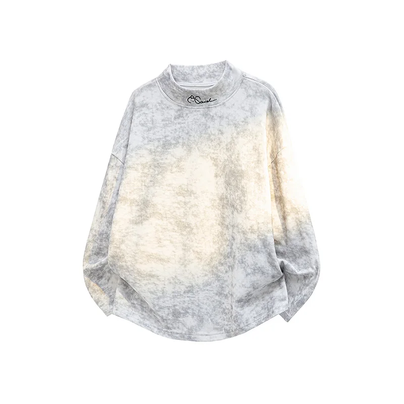 

M-XXXXXL Semi-Turtleneck Thermal Long Sleeve T-Shirt - Plus Size Tie-Dye & Embroidery Base Layer, Women's Warm Fleece Lined Top