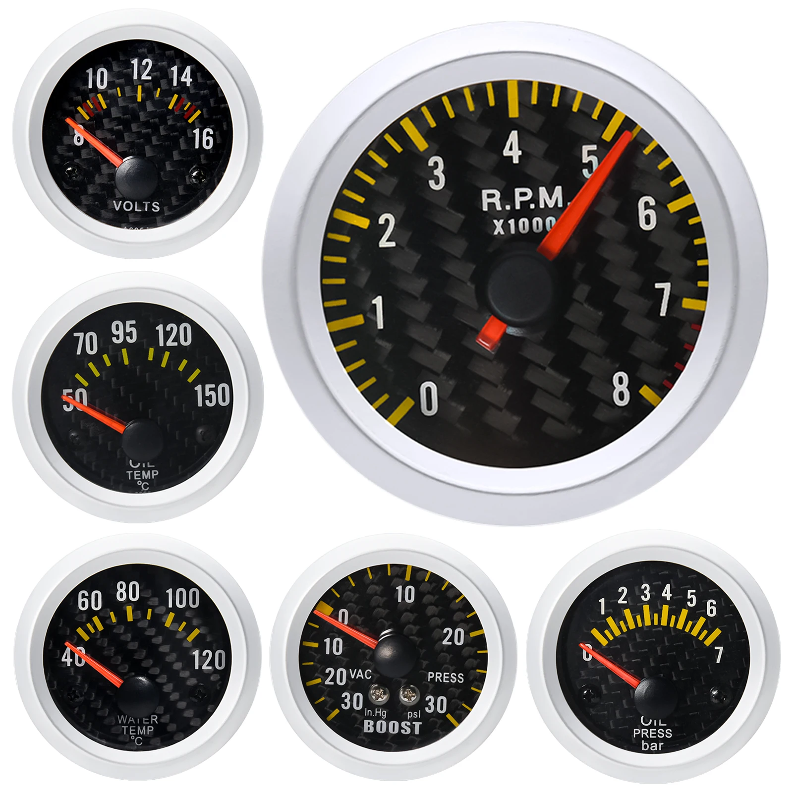 

Multifunctional Gauge Tachometer Water temp Oil temp Oil pressure Boost gauge bar psi Voltmeter Vacuum Carbon Fiber Face Yellow