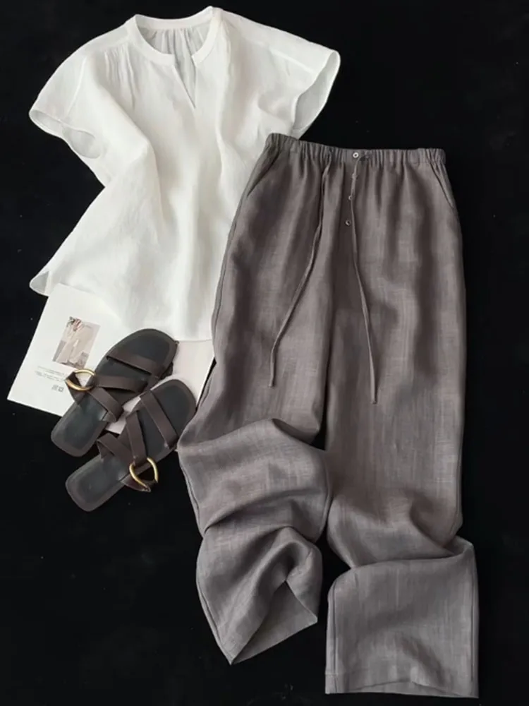 

Лето 2023, белые широкие брюки с высокой талией, комплект из двух предметов, повседневный свободный женский ансамбль премиум-класса