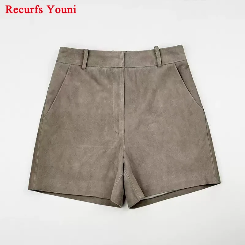 

Chic Kid Suede Leather Shorts for Women Minimally Designed Slimming Straight Leg Short Pants Caramel Short Feminina With Loops