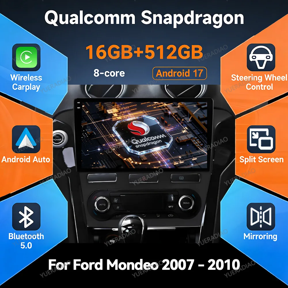 Rádio Automotivo Android 17 para Ford Mondeo 4 Mk4 2010 - 2014 com Tela Sensível ao Toque, Unidade Central, FM, Mirror Link, 4G LTE, 5G WIFI, Carplay, Auto BT, DVD