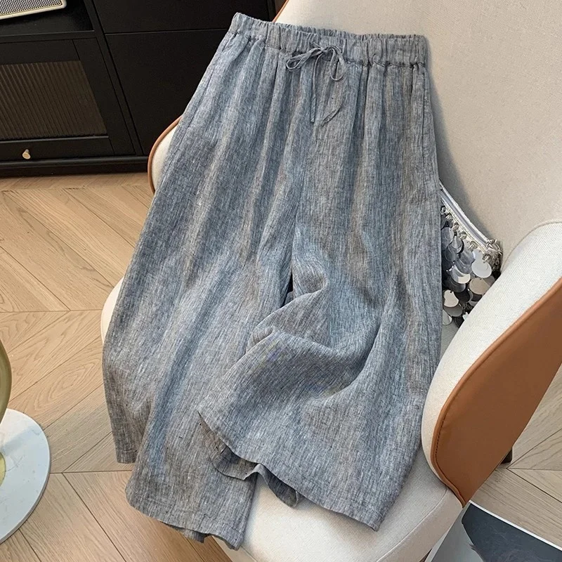 Hemp Wide Leg Pants Cotton And Linen Simple Versatile Artistic Temperament Elastic High Waisted Crop Trousers W198
