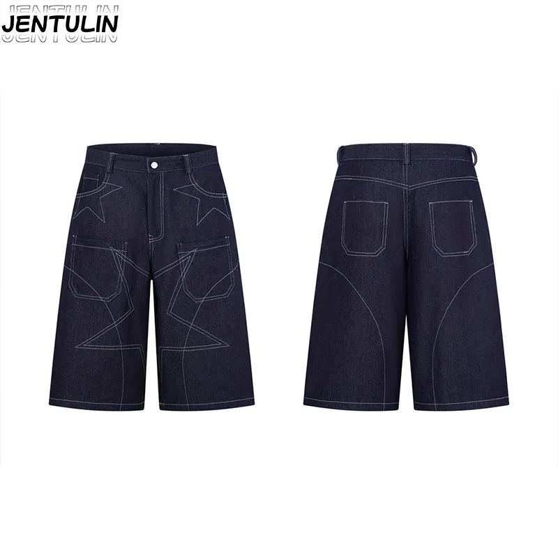 

Five Pointed Star Bright Design Denim Shorts For Men Summer Loose Straight Work Pant With Multiple Pockets Y2k Five Quarter Pant