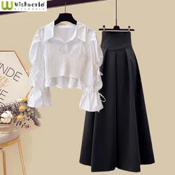 Spring and Autumn Women's Set 2024 New Korean Edition Slimming Shirt Top with Loose Halfskirt Three Piece Set