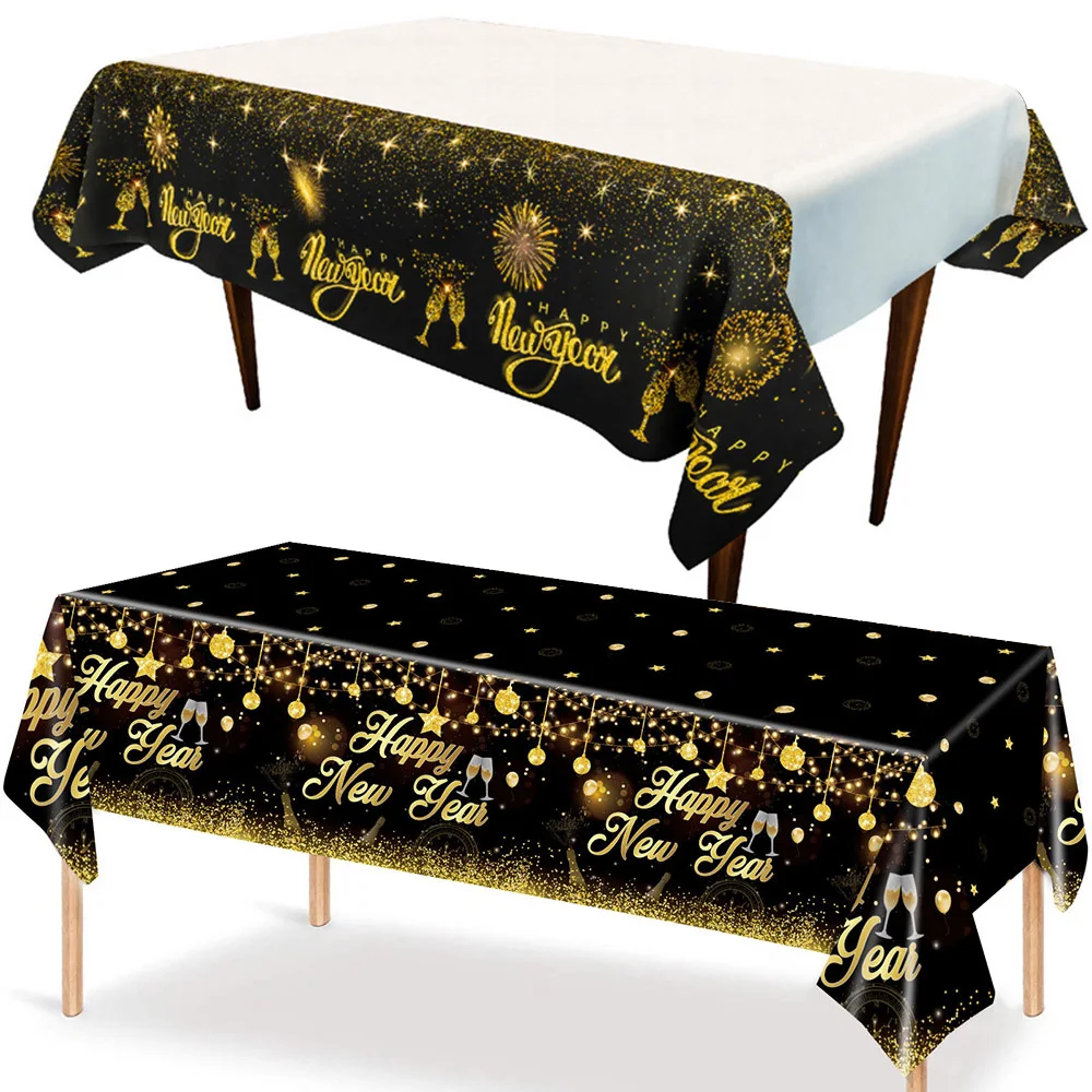 Happy New Years Eve Tablecloth Black and Gold Table Cloths Disposable Plastic Waterproof Table Cover for 2025 New Year Supplies