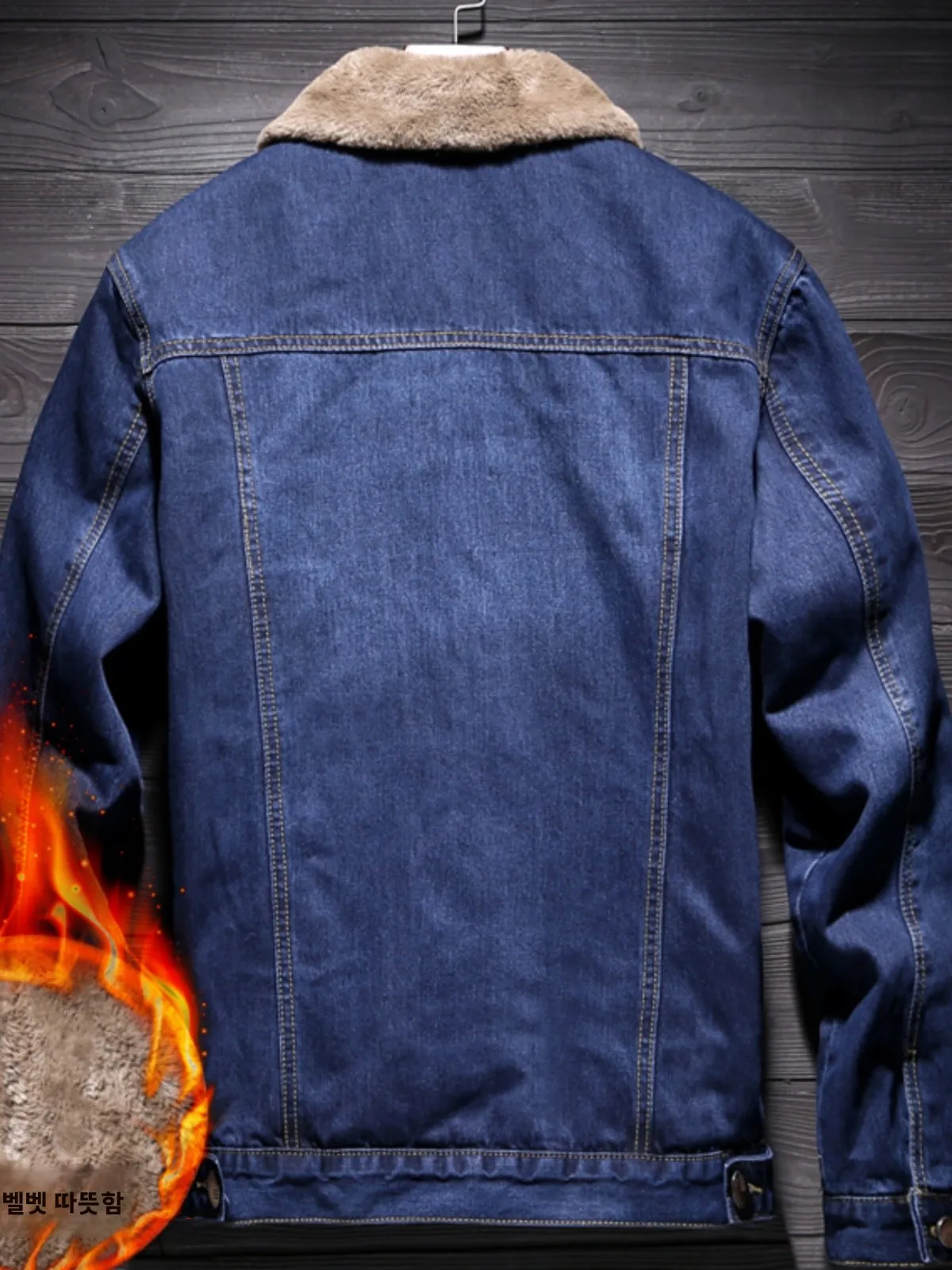 

Thiened Fce Lined Men's Denim Jaet with Fur Collar Warm Cotton Coat for Autumn Winter Youth Stand Fit Long Sve J...