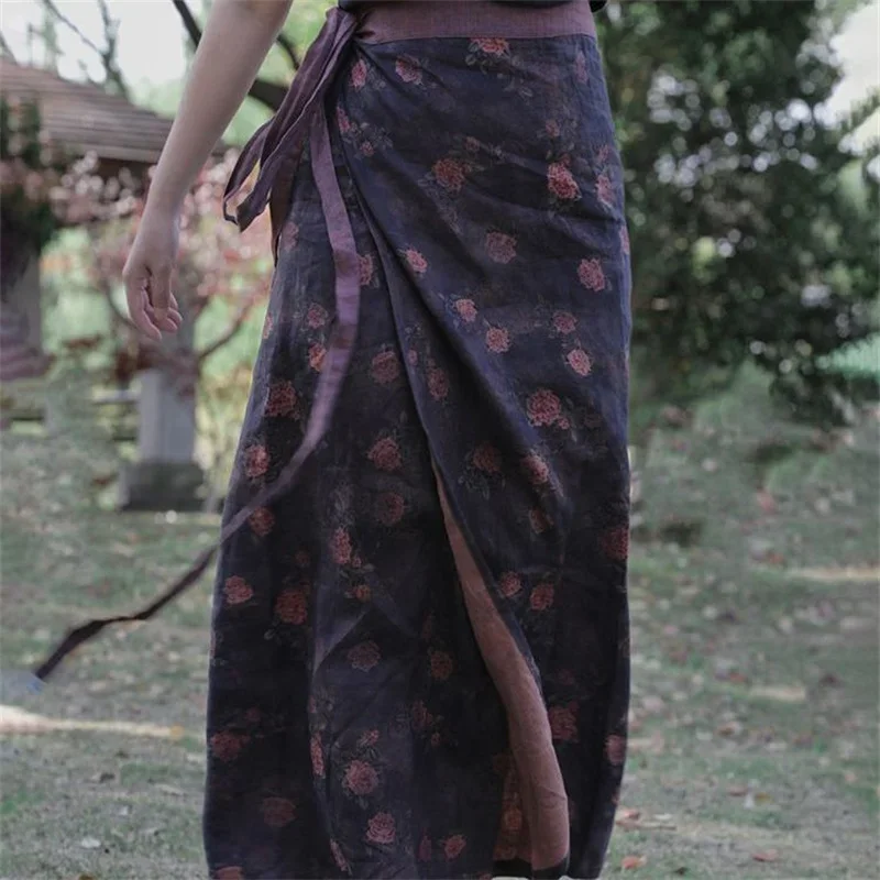 2025 New Spring Boho Floral Print Skirt Women Fashion Elegant Waist Wrap Skirts Woman Breathable Casual Female Midi Skirts