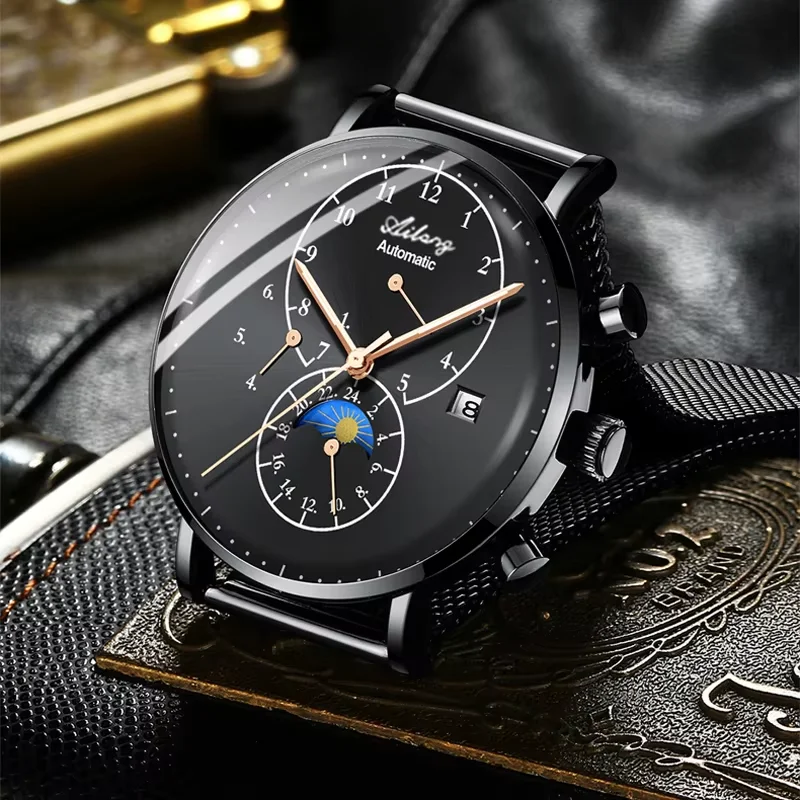 Nature Green Simple Style 50m Technology Watch Automatic Mechanical Watches Waterproof Date Moon Phase Wristwatch Black Mesh Ai