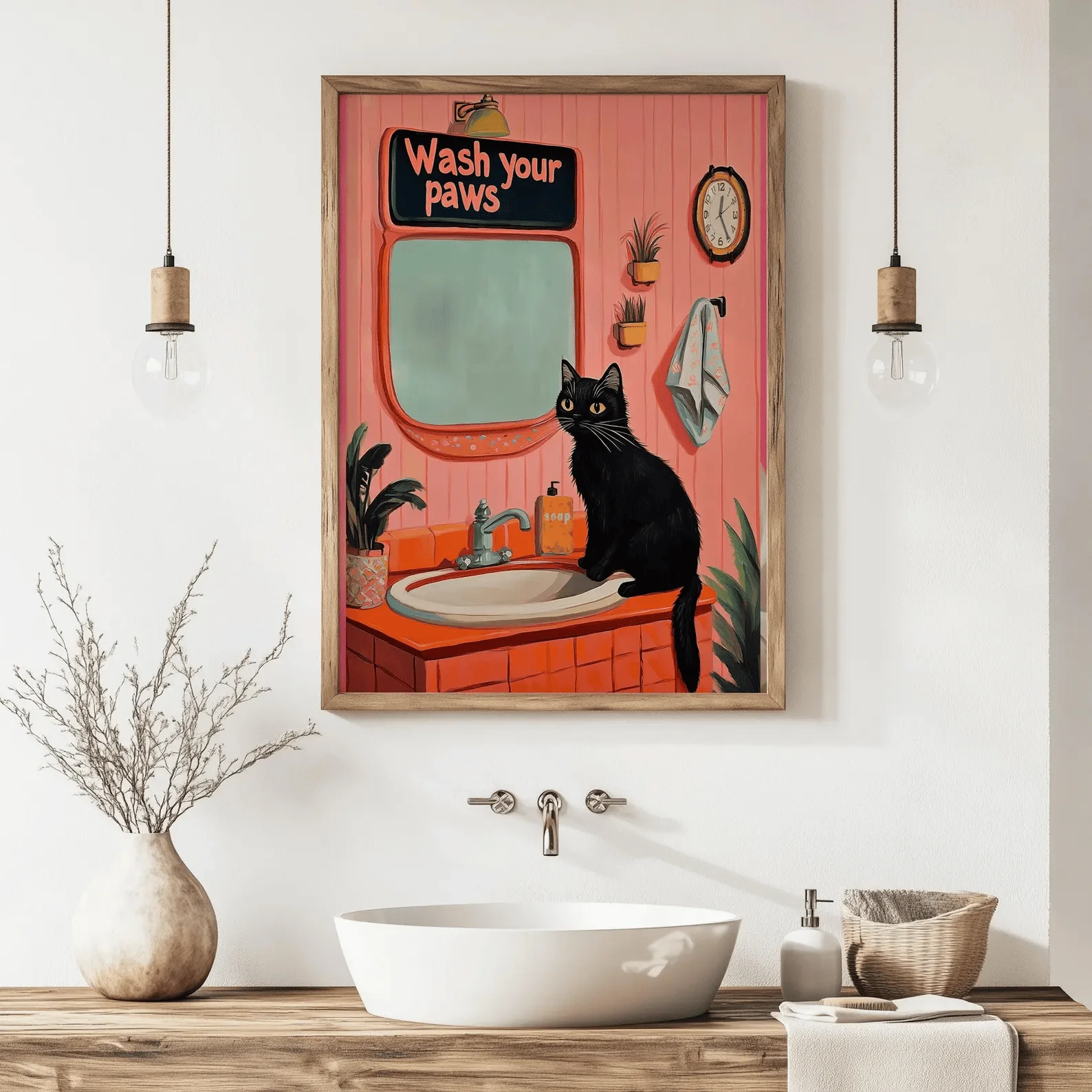 Retro Badezimmer Wandkunst Wash Your Paws Katzenposter Lustige druckbare Kunst Haustierliebhaber Pinky Dekor Vintage Katzenliebhaber Druck Geschenk Bathro