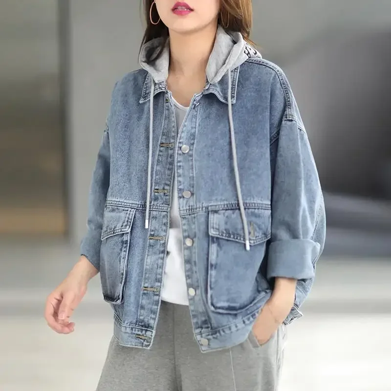 Jaqueta jeans coreana para as mulheres, solto e emagrecedor, oversize, com capuz, vintage, sólido, para a primavera, novo