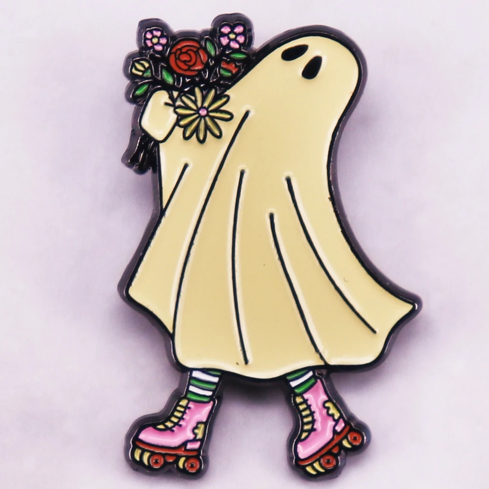 Cute Ghost With Flowers Skating Enamel Pin Kawaii Spooky Badge Funny Halloween Jewelry Decoration