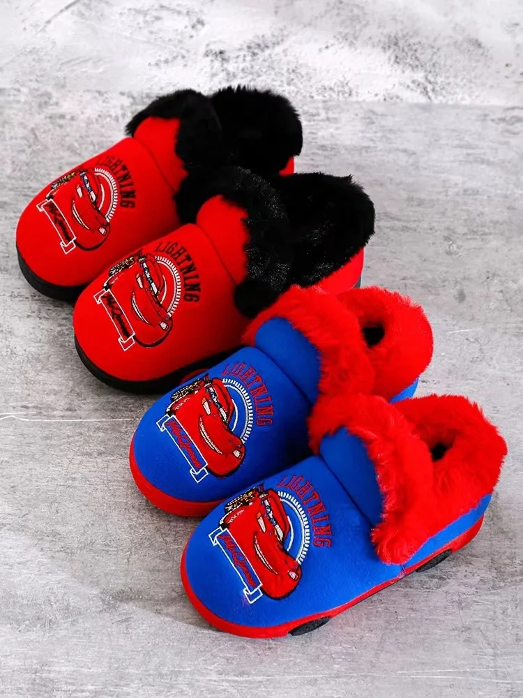 Disney Boys Girls Winter Cotton Slippers Baby Cartoon Minnie Mouse McQueen Cars Snow White Print Kid Indoor Anti-slip Home Shoes