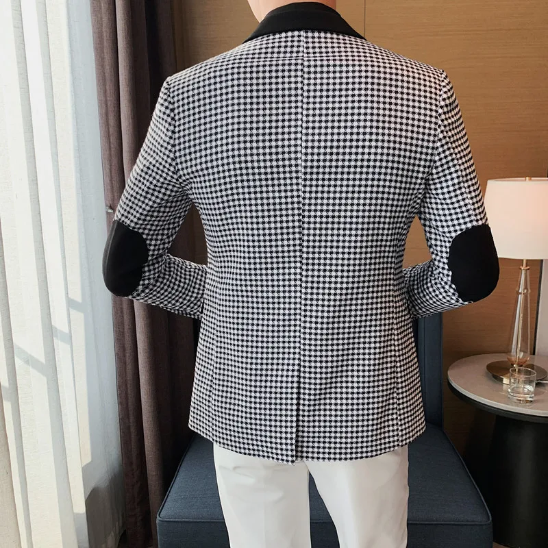 2024 Autumn Winter Korean  Houndstooth Blazer Jackets Fashion Color Matching Lapel Design Casual Men\'s Plaid Suit Coat Tuxedo