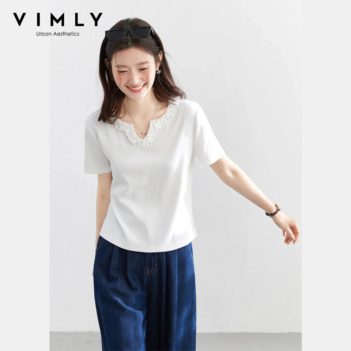 

VIMLY Women's Casual Office Short Sleeve T-Shirt 2026 Summer New French Cloud White 3D Lace Trim Round Neck Design Top A6215