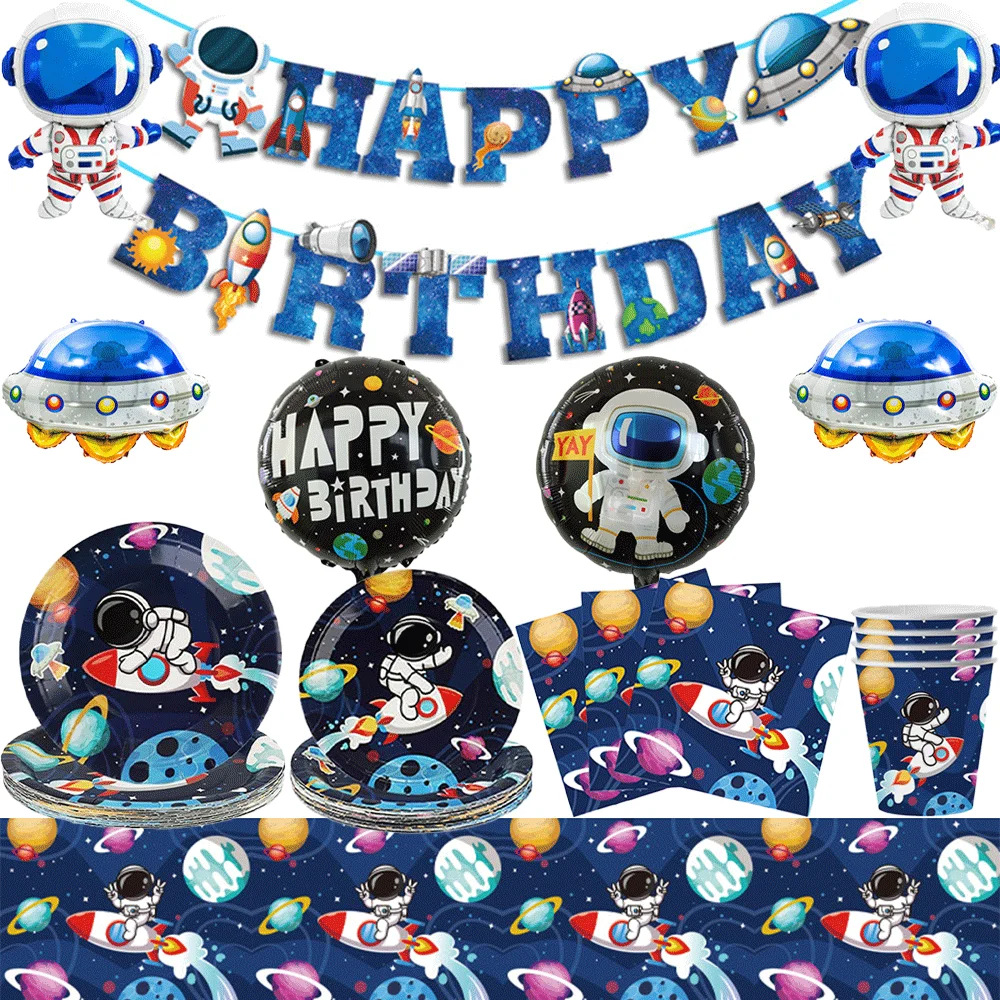Platos de astronauta para fiesta de cumpleaños espacial, servilletas, globos, cartel de feliz cumpleaños, decoración de pastel, decoración de fiesta de cumpleaños con temática del espacio exterior