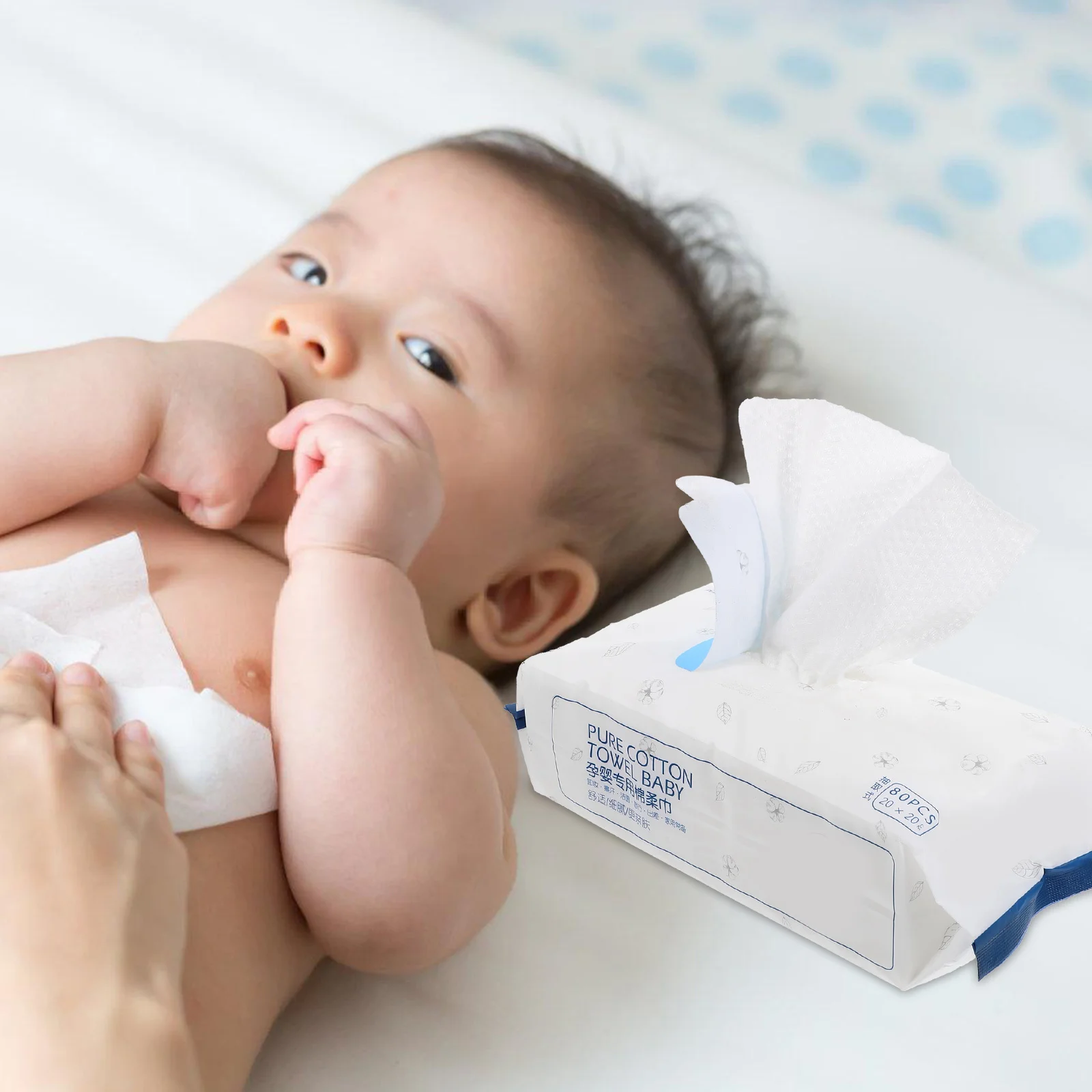 80개입 순면 부드러운 아기 세안 타월 건식 및 습식 겸용 일회용 티슈 패드 입, 눈, 손 청소용
