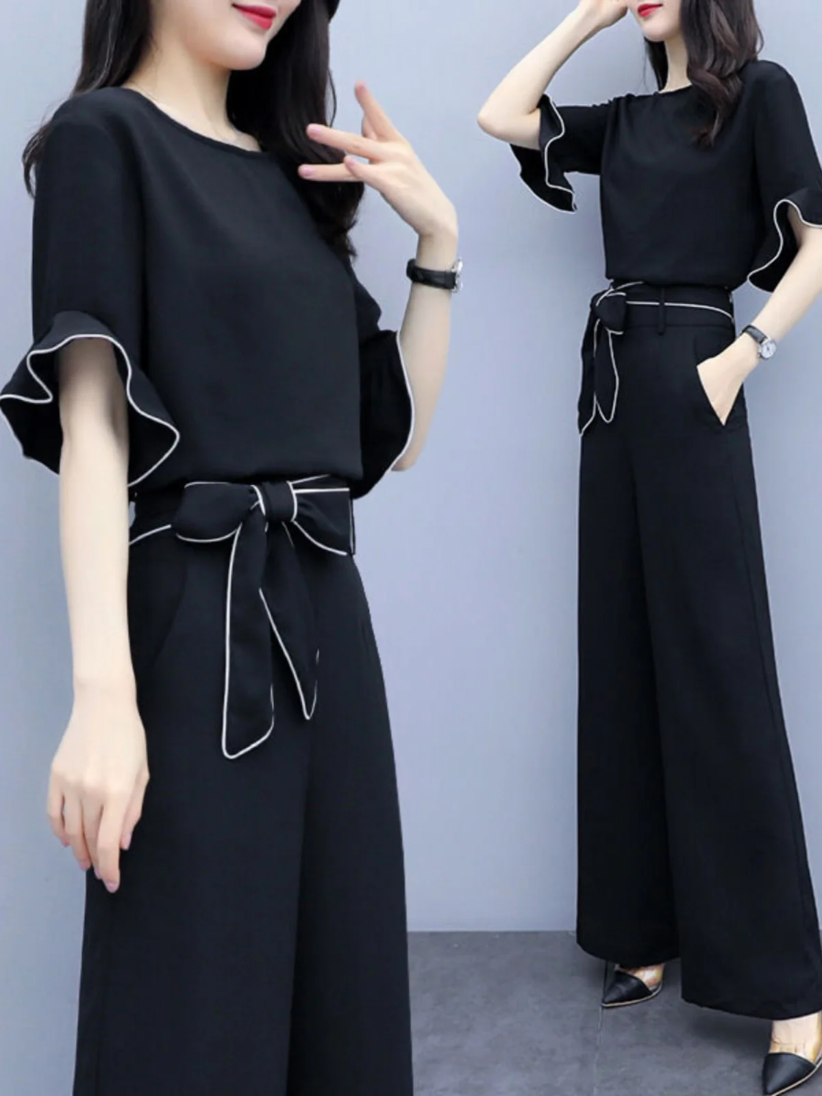 

High Waist Wide Leg Pants Set Women's Summer Fashion Casual Slimming Two Piece Suit Polyester Fiber Short Sleeve round Neck