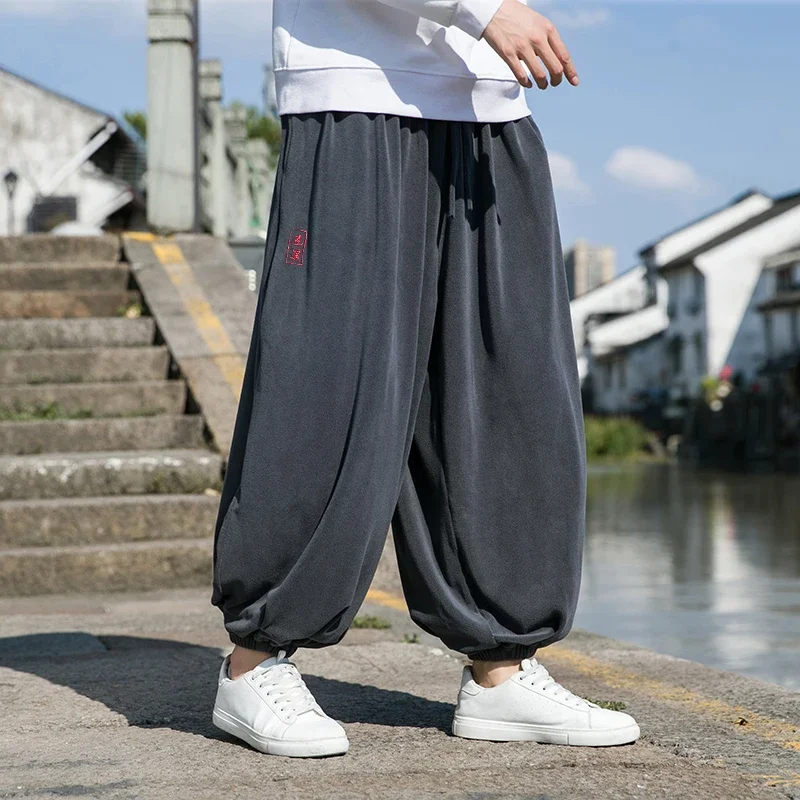 2025 Spring Autumn Men Polar Fleece Pants Men Velvet Black Harem Pants Male Solid Color Wide Leg Pants Harajuku Jogging Trousers