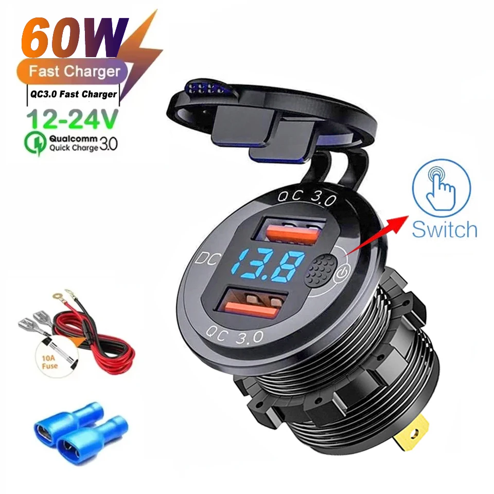 Dual QC Auto USB Ladegerät Buchse mit Knopf Schalter Digital LED Voltmeter Auto Ladegerät Adapter Steckdose 12V/24V für Auto Boot RV