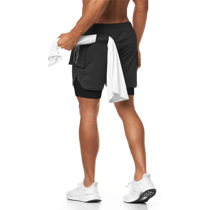 Pantalones cortos deportivos 2 en 1 para hombre, Shorts elásticos transpirables de secado rápido, de doble capa, para correr, gimnasio y entrenamiento, novedad