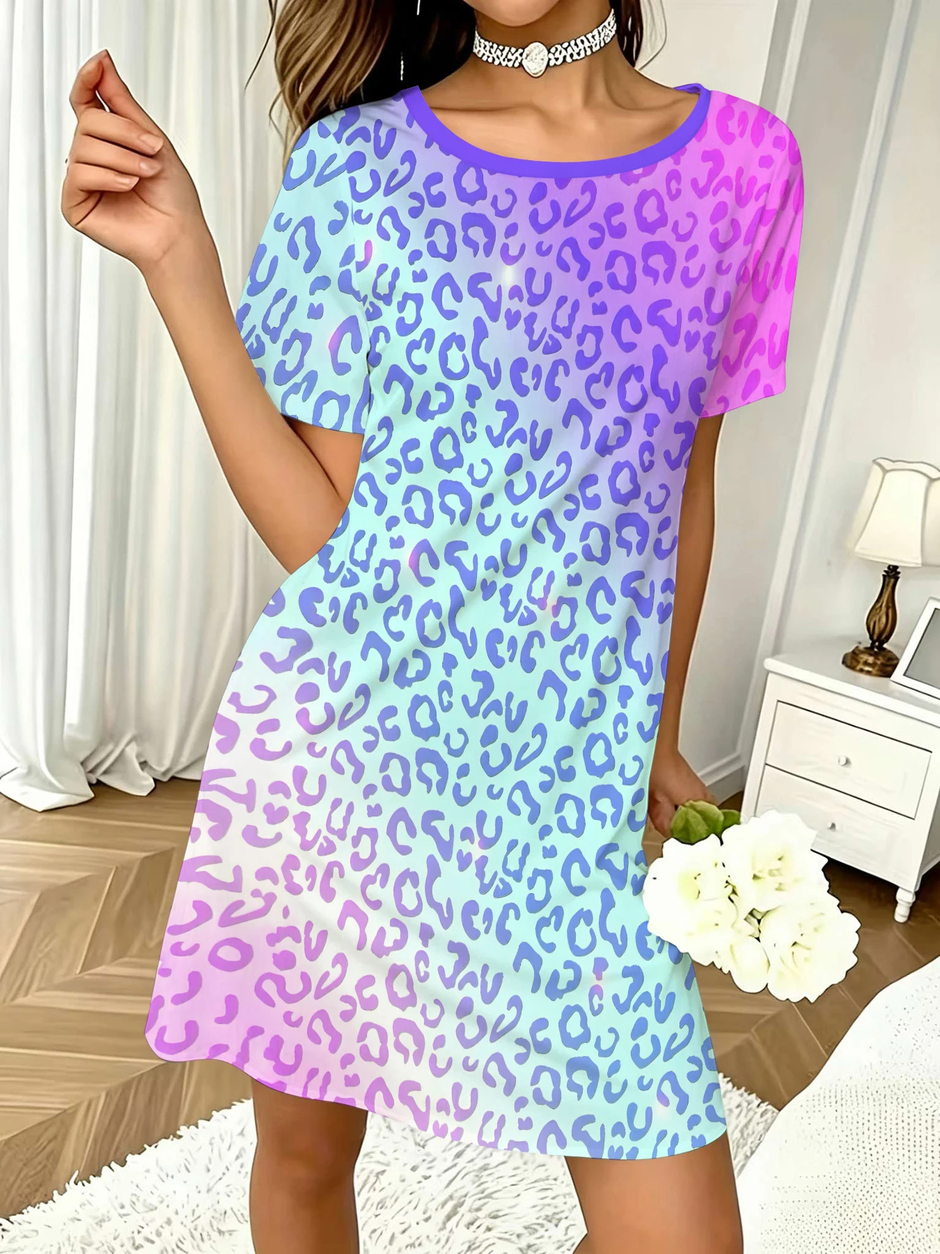 Women's Round Neck Short Sleeve Dress Purple Blue Pink Gradient Leopard Print A-Line Casual Dress