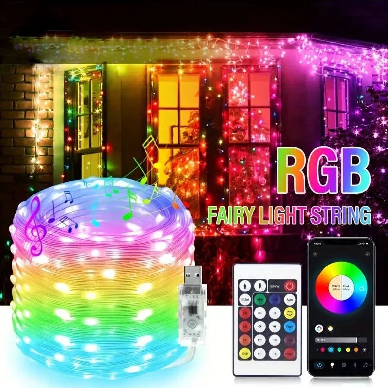 Guirnalda de luces LED con Bluetooth, luz de hadas USB, 5V, 20m, 10m, 5m, Dreamcolor, sincronización de música, decoración de guirnalda para fiesta