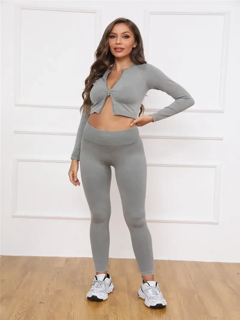 Seamless Long-sleeved Sports Set, Zipper Crop Tops &  High Waisted Leggings